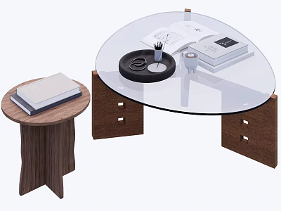 Modern Glass Top Coffee Table With Wooden Frame And Side Table With Books 3d model