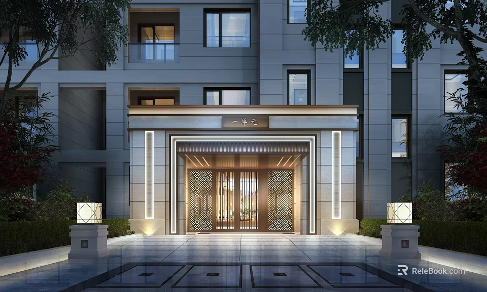 Elegant Modern Entrance Facade With Metal Doors Stone Wall And Decorative Lighting 3d model 