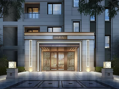 Elegant Modern Entrance Facade With Metal Doors Stone Wall And Decorative Lighting 3d model