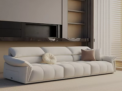 Modern White Leather Three-Seater Sofa In Living Room With Decorative Pillows 3d model