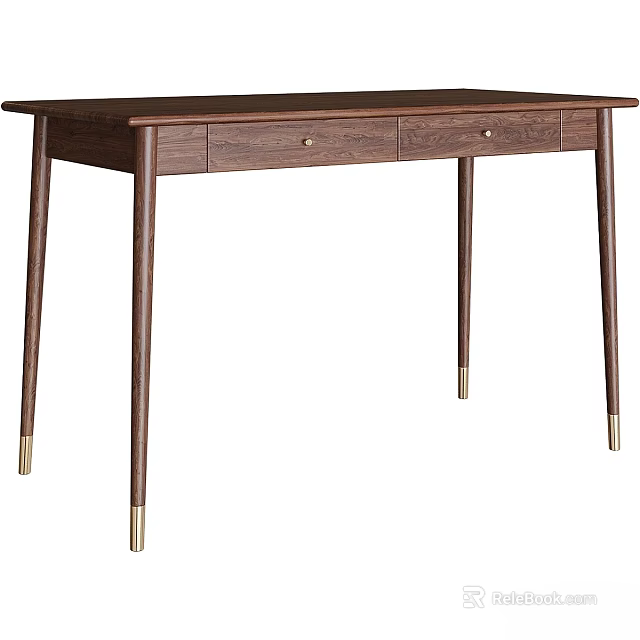 Walnut Wood Dining Table with Slim Brass Accent Legs and Drawers for Modern Dining Room 3d model 