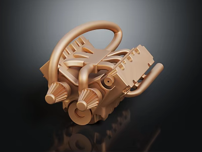 Golden Engine Model Showcasing Mechanical Gears Pipes and Modern Design on Dark Background 3d model
