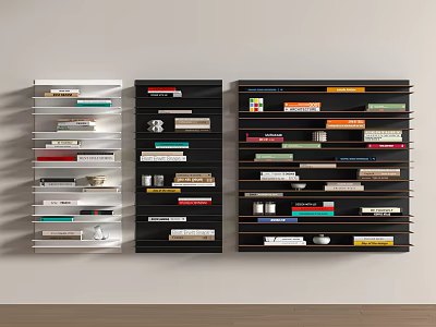 Three White Black Dark Brown Bookshelves Organized with Colorful Books and Small Decor Items 3d model