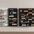 Three White Black Dark Brown Bookshelves Organized with Colorful Books and Small Decor Items