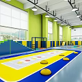Indoor Sports Fitness Area With Trampoline Colorful Mats Rings Slide And Climbing Frame