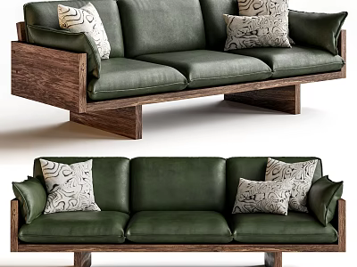 Stylish Green Leather Sectional Sofa With Wooden Frame And Patterned Pillows 3d model
