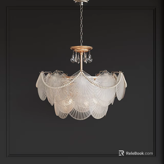 Elegant Scallop Shaped Glass Chandelier With Pearl Decorations And Crystal Pendants On Black Wall Background 3d model 
