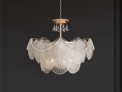Elegant Scallop Shaped Glass Chandelier With Pearl Decorations And Crystal Pendants On Black Wall Background 3d model