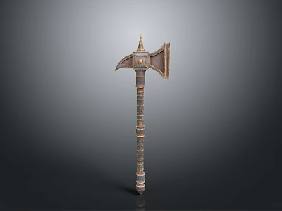 Ancient Battle Axe With Ornate Metal Head And Carved Decorative Handle 3d model