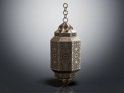 Decorative Metal Hanging Lantern With Intricate Cut Out Patterns And Chain 3d model