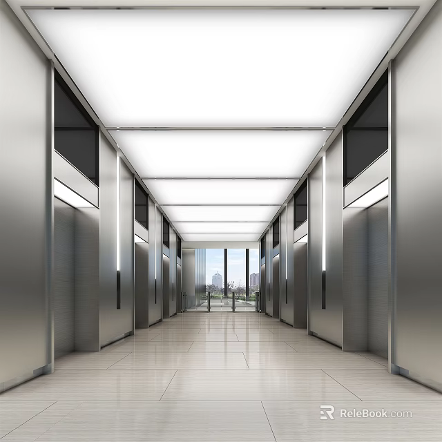 Modern Spacious Elevator Hallway With Metal Doors Ceiling Lights Shiny Tile Floor And Window View 3d model 