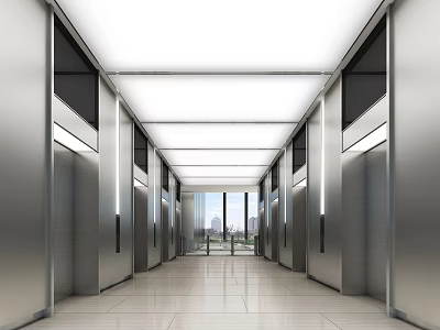 Modern Spacious Elevator Hallway With Metal Doors Ceiling Lights Shiny Tile Floor And Window View 3d model