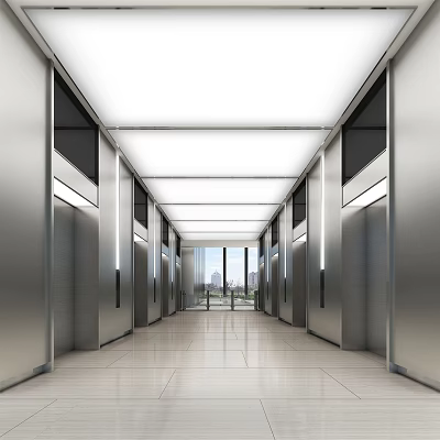 Modern Spacious Elevator Hallway With Metal Doors Ceiling Lights Shiny Tile Floor And Window View 3d model