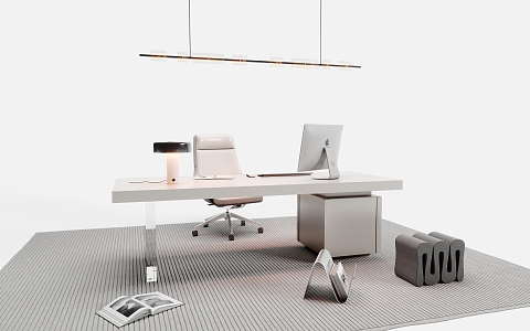 Modern Desk and Chair Combination Finished Desk Office Chair Chandelier Desk Lamp Desktop Computer Carpet 3d model