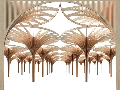 Wooden Columns With Fan Shaped Tops In Arched Interior Architectural Design 3d model