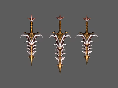 Three Ornate Swords With Intricate Patterns Star Shaped Hilt Tops And Gold White Design 3d model