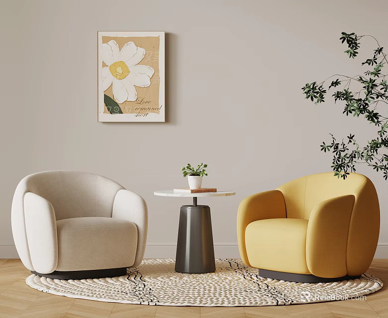 Beige and Yellow Curved Armchairs with Small Round Table Plant and Woven Rug 3d model 
