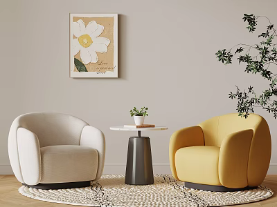 Beige and Yellow Curved Armchairs with Small Round Table Plant and Woven Rug 3d model