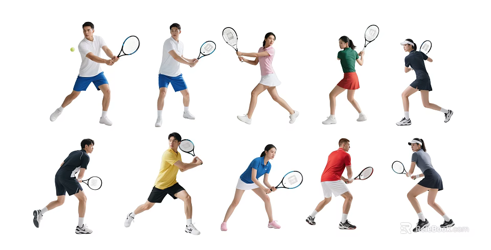Group of People Playing Tennis in Various Dynamic Action Poses 3d model 