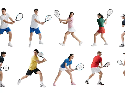Group of People Playing Tennis in Various Dynamic Action Poses 3d model