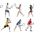 Group of People Playing Tennis in Various Dynamic Action Poses
