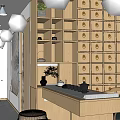 Wooden Storage Cabinets Neatly Arranged In Tea Room With Table And Stools