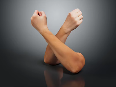 Human Arms And Arm Hair With Crossed Clenched Fists On Dark Reflective Background 3d model