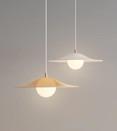 Modern Minimalist Saucer Pendant Lights with Beige Shades and White Globe Bulbs 3d model