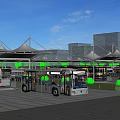 White Buses Parked At Modern Bus Station With Canopies Blue Sky And Buildings