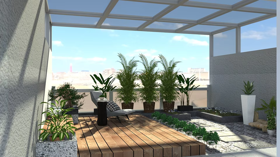 Roof Garden Design with Wooden Deck Palm Plants Outdoor Seating Glass Roof and City View 3d model 