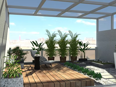 Roof Garden Design with Wooden Deck Palm Plants Outdoor Seating Glass Roof and City View 3d model