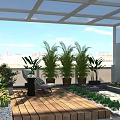 Roof Garden Design with Wooden Deck Palm Plants Outdoor Seating Glass Roof and City View