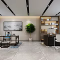 Modern Office Interior With Wooden Bookshelves Green Plants Large Windows And Marble Floor
