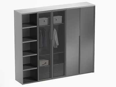 Modern Gray Wardrobe With Open Shelves Glass Doors Hanging Space And Storage 3d model