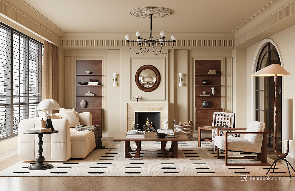 Elegant Modern Living Room Interior With Fireplace Chandelier Sofa And Bookshelves 3d model 