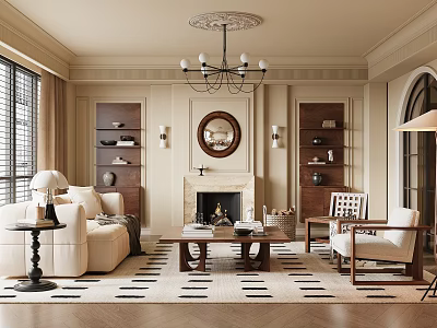 Elegant Modern Living Room Interior With Fireplace Chandelier Sofa And Bookshelves 3d model