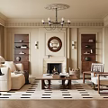 Elegant Modern Living Room Interior With Fireplace Chandelier Sofa And Bookshelves