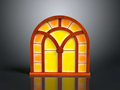 Classic Arched Window Design With Brown Frame And Yellow Orange Stained Glass 3d model