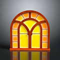 Classic Arched Window Design With Brown Frame And Yellow Orange Stained Glass