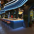 Vintage Bar Interior With Blue Counter Red Sofas Green Brick Walls And Chandeliers
