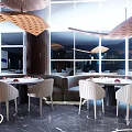Modern Hotpot Restaurant Interior With Stylish Tables Chairs And Circular Lighting Decor
