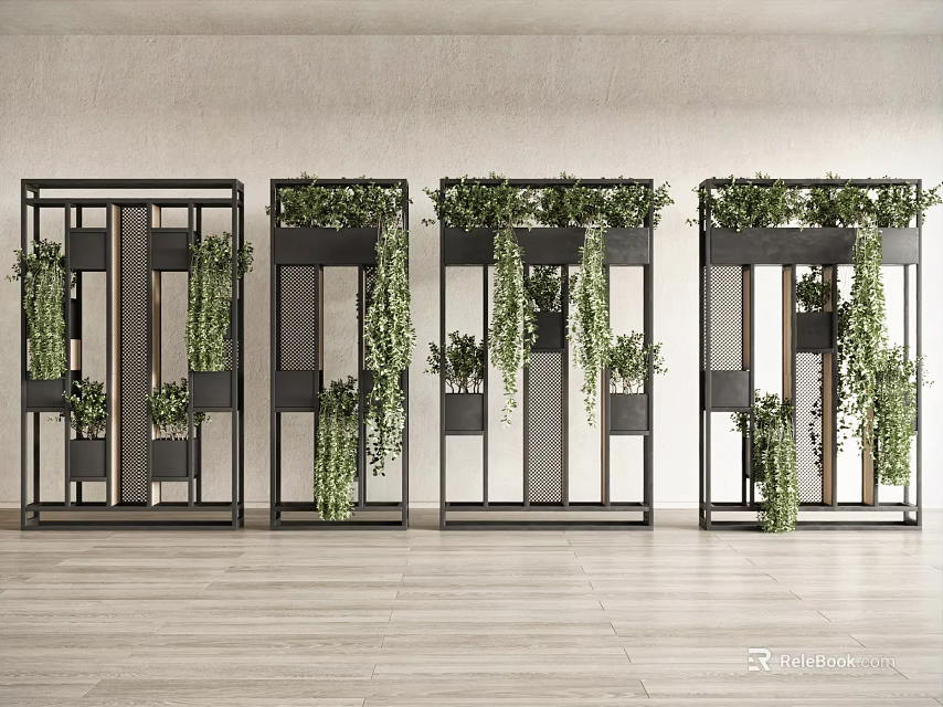 Modern Decorative Cabinets With Geometric Frames And Trailing Green Plants 3d model