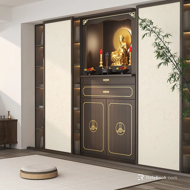 Traditional Wooden Buddhist Shrine Cabinet With Golden Accents Buddha Statue And Offerings 3d model 