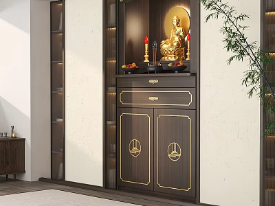Traditional Wooden Buddhist Shrine Cabinet With Golden Accents Buddha Statue And Offerings 3d model