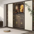 Traditional Wooden Buddhist Shrine Cabinet With Golden Accents Buddha Statue And Offerings