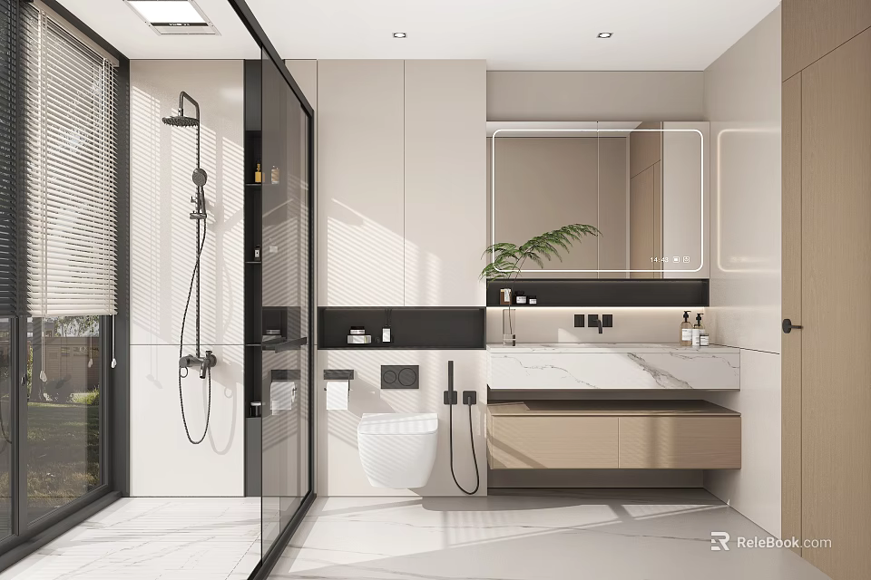 Modern Bathroom Interior With Glass Shower Partition Marble Vanity Mirror And Green Plants 3d model 