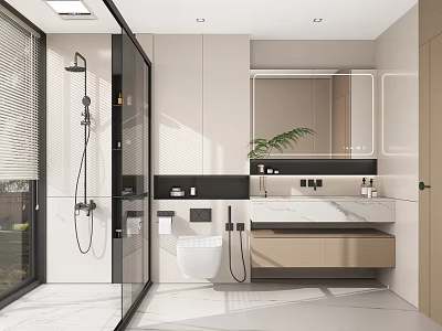 Modern Bathroom Interior With Glass Shower Partition Marble Vanity Mirror And Green Plants 3d model