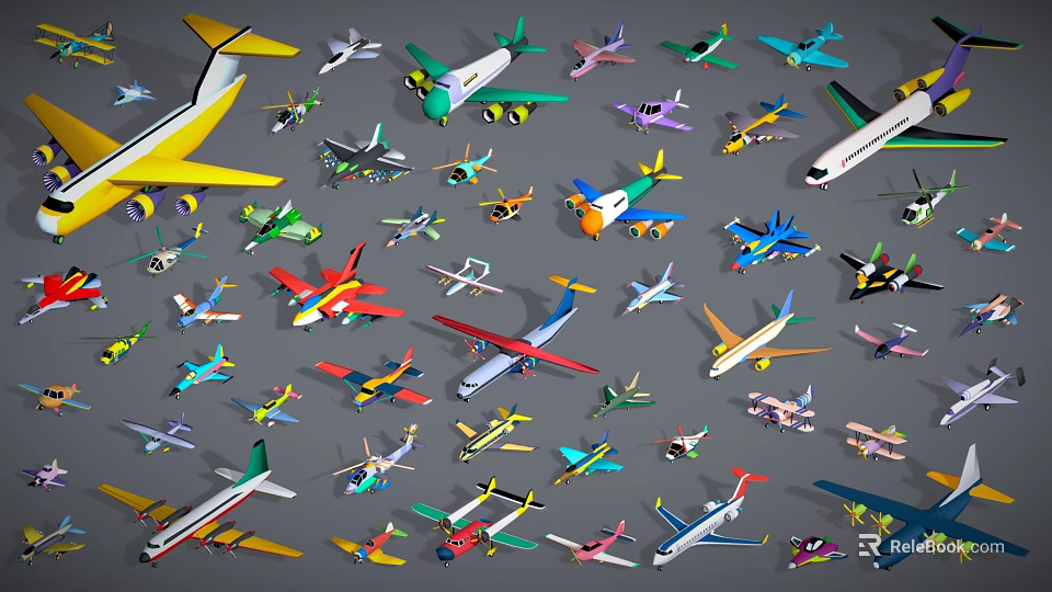 Different Types Of Colorful Model Airplanes Arranged Densely On Gray Background 3d model 