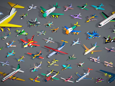 Different Types Of Colorful Model Airplanes Arranged Densely On Gray Background 3d model