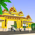 Traditional Ancient Southeast Asian Architecture With Golden Spire Roof Stone Wall And Trees